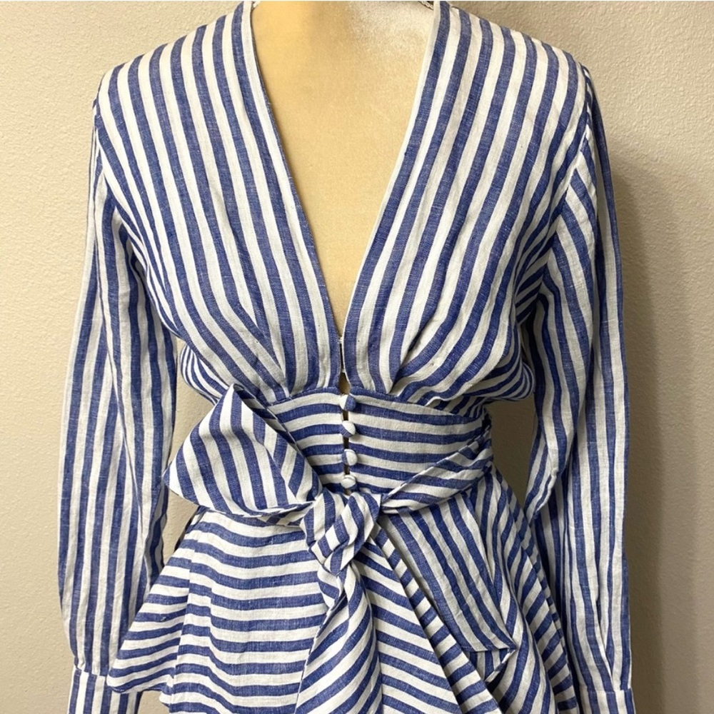 Johanna Ortiz Rio Grande Tunic Navy/white striped linen, large sash, 0, EUC - Picture 5 of 15